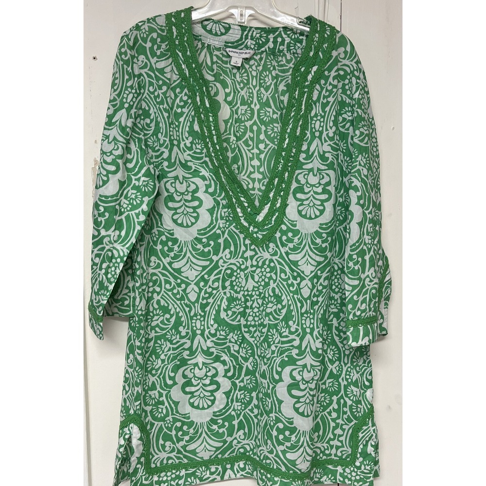 Banana Republic Green & White Tunic, Cover Up  Resort Small V Neck Cotton Boho